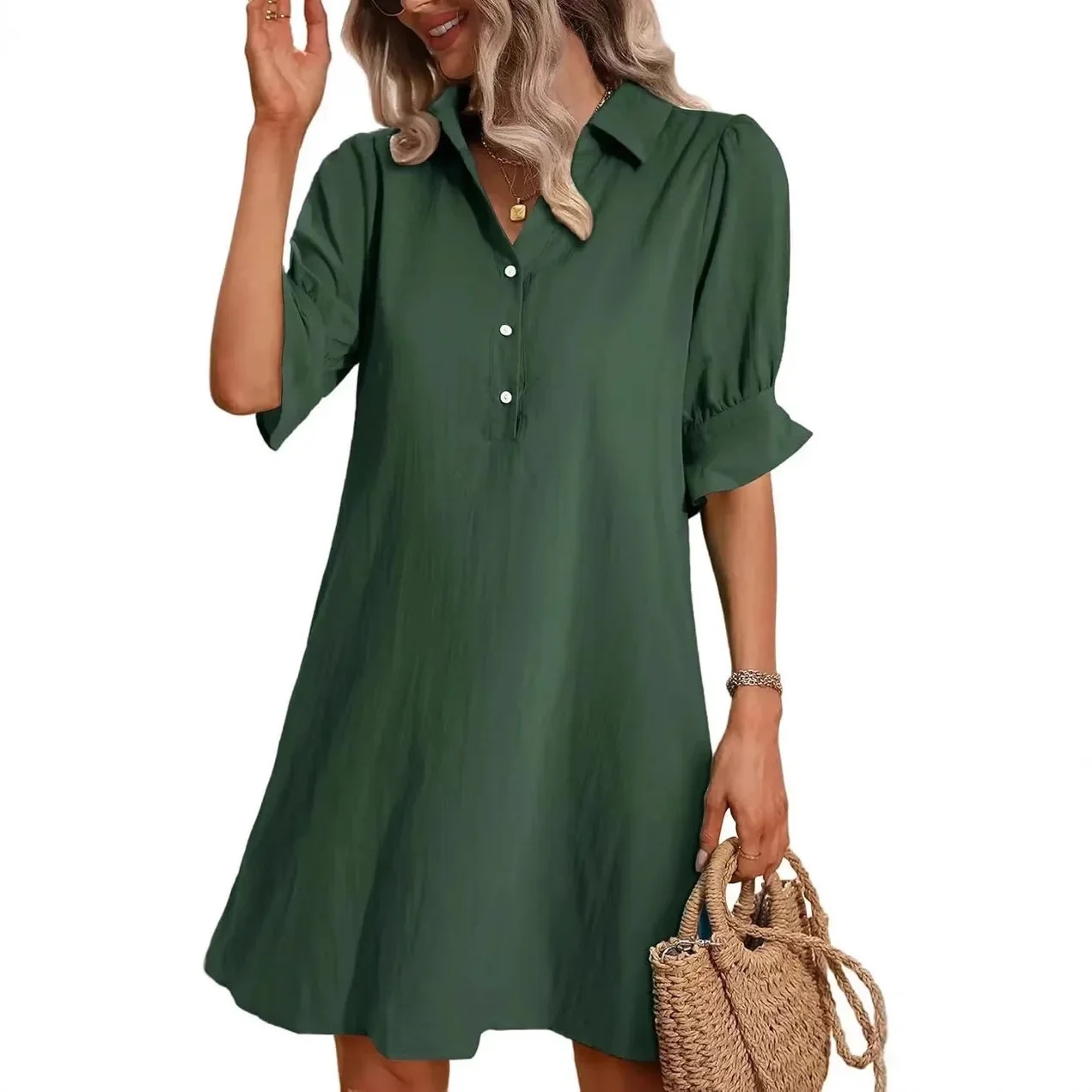 2025 Women Casual Shirt Dress Ruffle Sleeve Solid Color Button Down Shift Summer Dress With Pocket Spring Outfits Clothing Black
