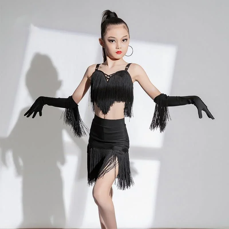 

Latin Dance Practice Wear Girls Dance Salsa Tango Samba Costume Black Tassels Top Skirt Set Fringe Rumba Latin Dancewear