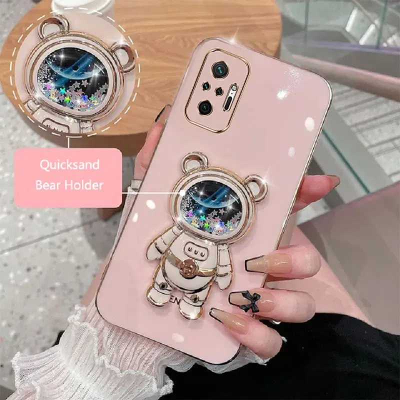 Phone Case For Xiaomi Redmi Note 10 Pro Max Soft Silicone Luxury Plating Cartoon Bear Fold Stand Phone Case Cover