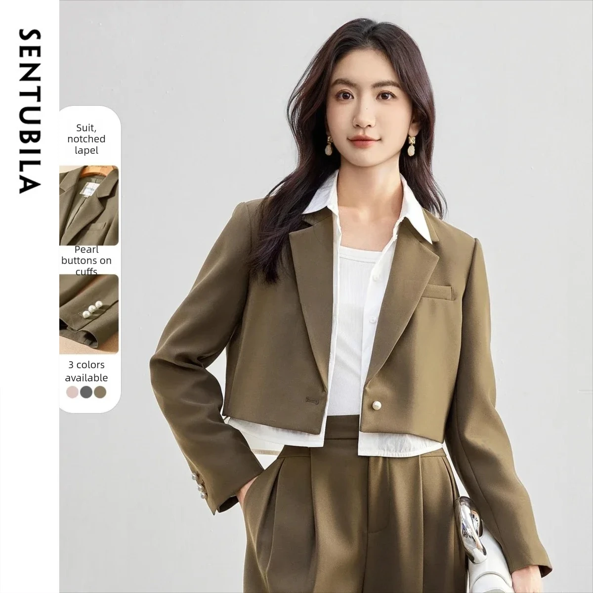 

SENTUBILA Blazers for Woman 2026 Spring Pearl Button Notched Lapel Short Jacket Casual Fashion Office Lady Outerwears 153XC3221X