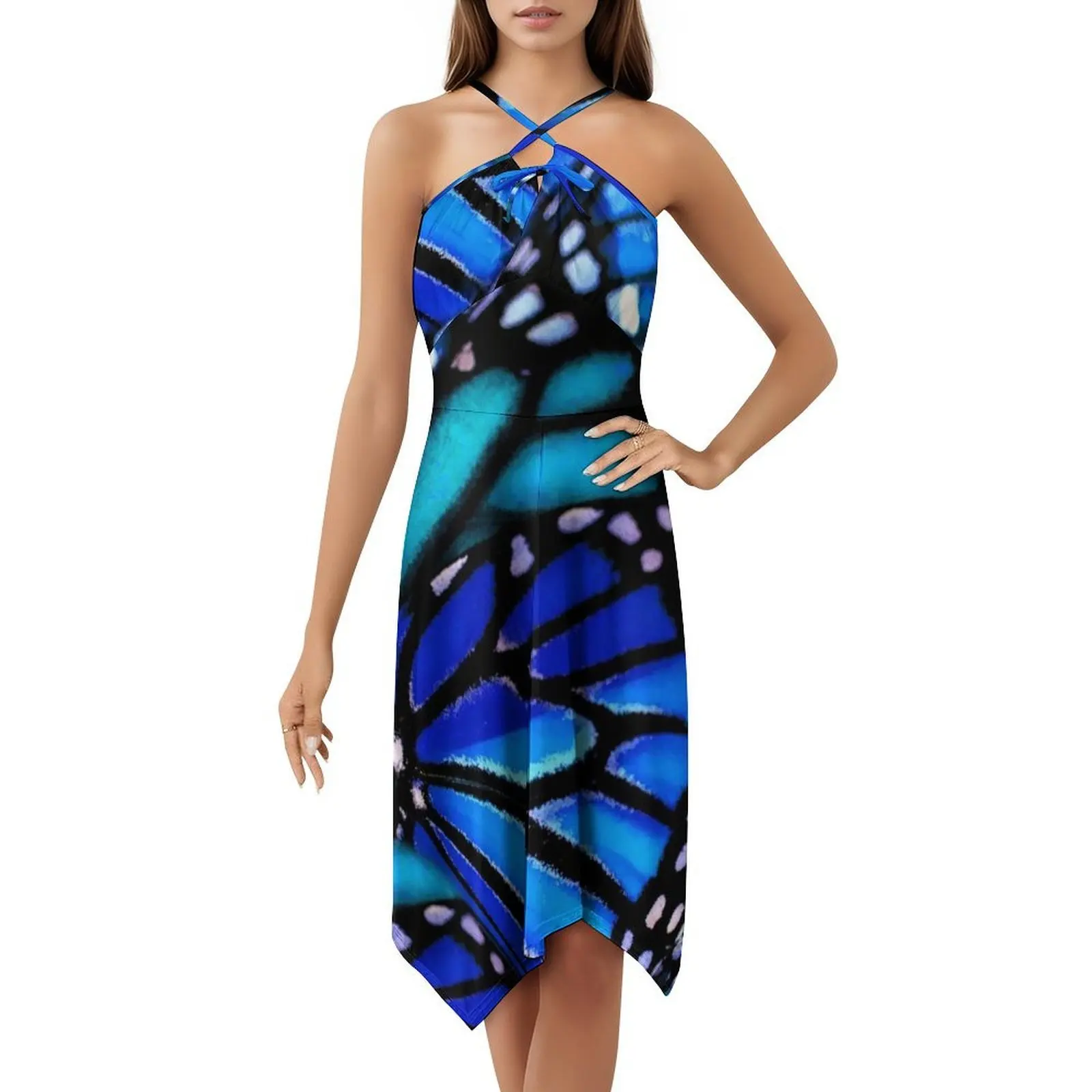 فستان عطلة مثير بنمط العاهل الأزرق للنساء على الشاطئ وحفلات أعياد الميلاد فستان قصير بنمط الفراشات وعاهل الطبيعة الزرقاء #5