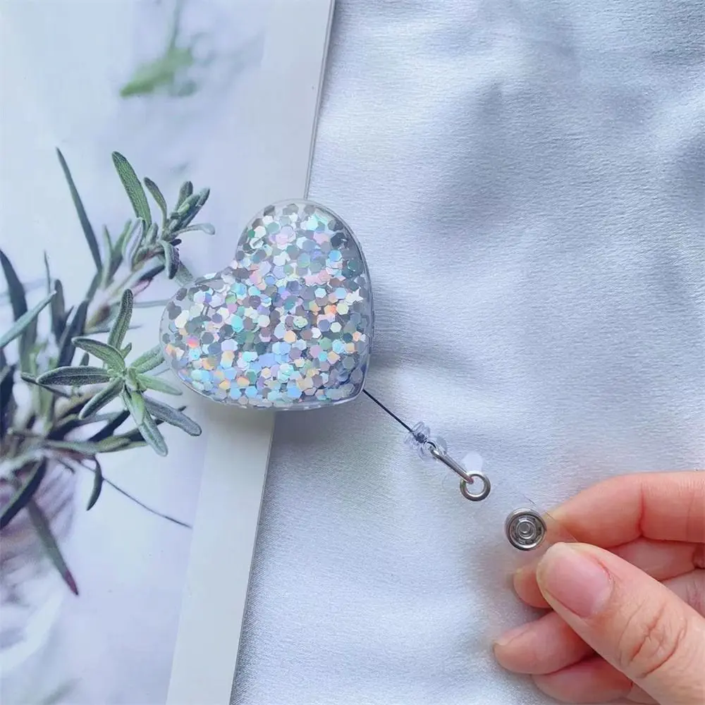Love Heart Retractable Badge Holder Alligator Swivel Clip Bling Glitter Nurse Badge Reel ID Card Clips Name Card