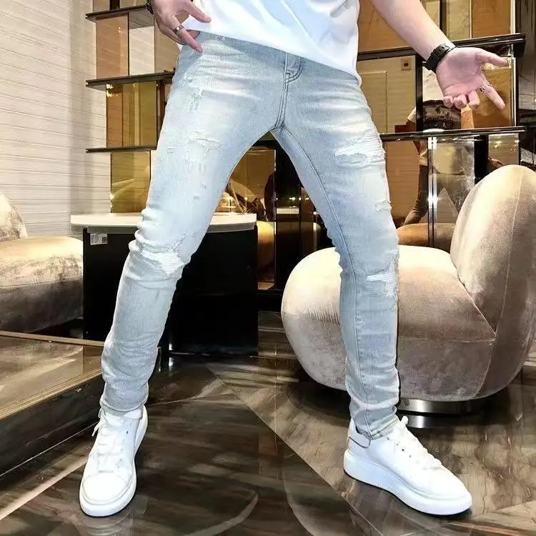 2025 Summer New Heavy Industry Holes Trendy Fashion Versatile Slim Designer Distressed Ripped Luxury Men's Denim Trousers