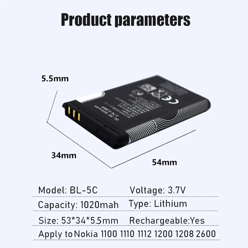 Batería recargable de 3.7V 1020mAh BL-5C BL5C BL 5C para Nokia 1280 1600 1650 2310 2600 2700 3100 3110 3120 6230 (1/10 unidades) 5