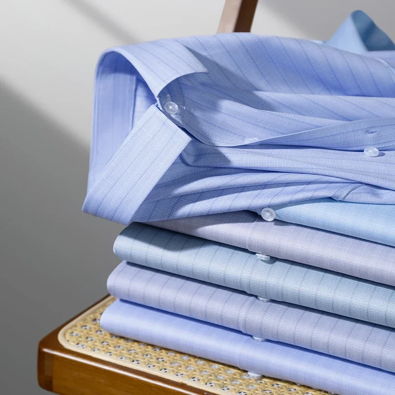 Hight quality silk elastic striped long sleeve shirts for men slim fit formal shirt soft plaid anti-wrinkle office thin clothes