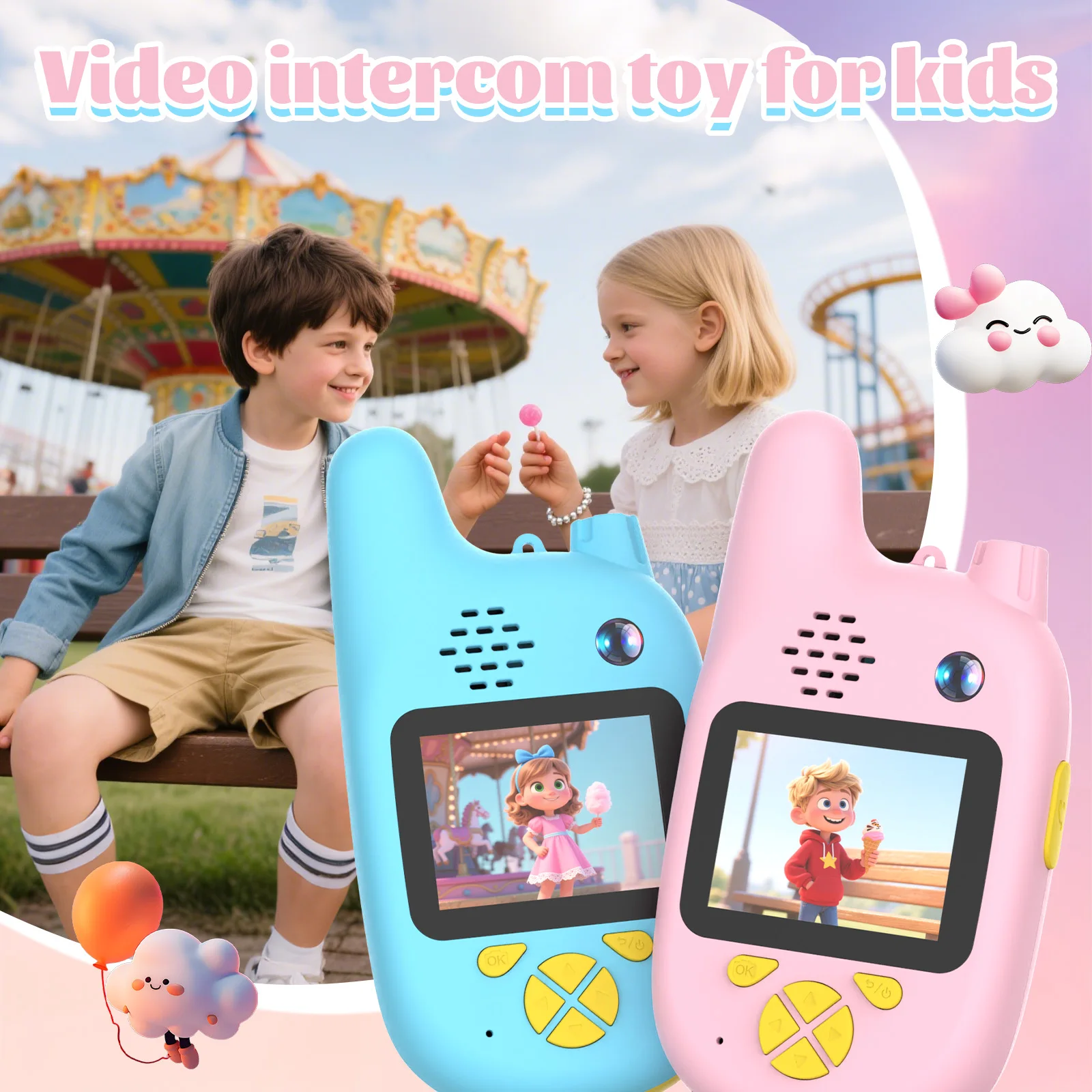 2 Pack Kids Video Walkie Talkies Rechargeable 2 Inch HD Screen Voice Changer Toy Portable Intercom Birthday Gift for Boys Girls