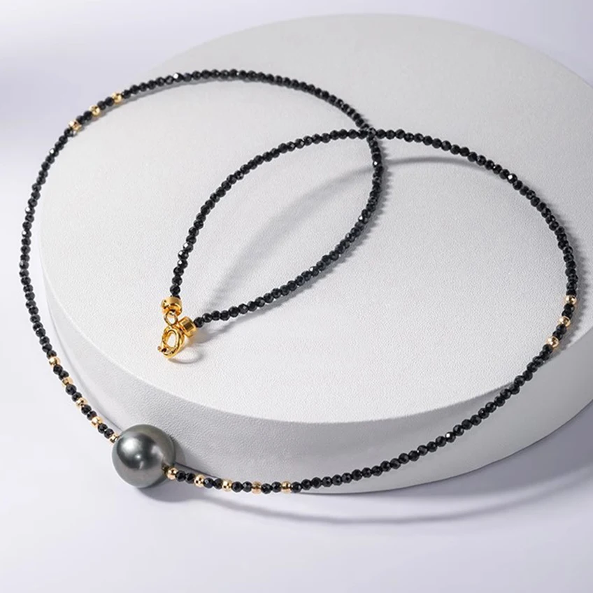 9-10mm Natural Tahitian Black Pearl Station Necklace Black Crystal Tiny Fine Jewelry