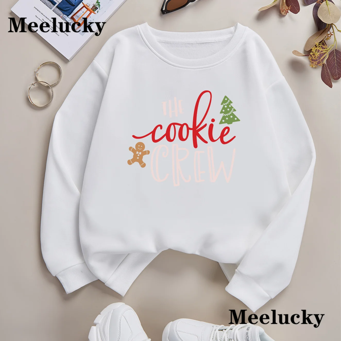 Cookie Baking Crew Festive Christmas Tree Print Women's Fashionable Long-Sleeve Top Merry Christmas Soft Comfortable Fabric