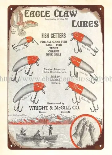 home decor Eagle Claw Lure 1930 Fishing Tackle fisherman nautical metal tin sign