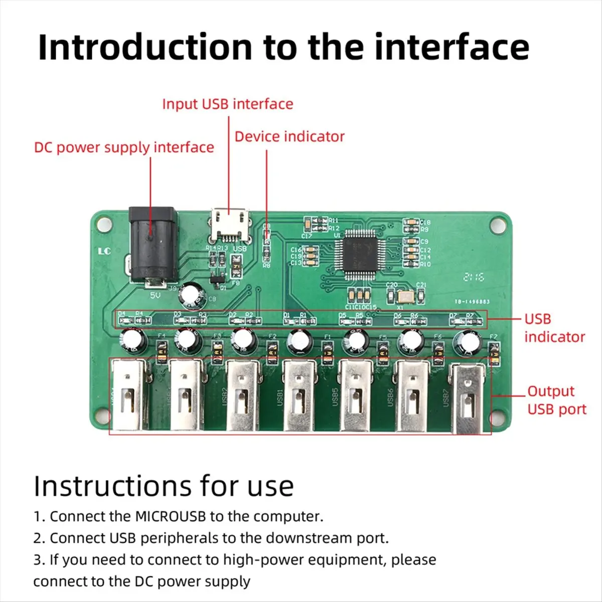 A85P DC5V Type-C USB 2.0 HUB Module 1 to 7 Port USB Hub Seven Port Splitter Expansion Module with LED 480Mbps