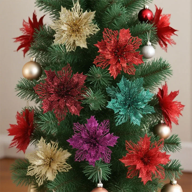 

12/24PCS 15cm Christmas Decoration Glitter Flowers Christmas Tree Pendant for Home Decor Xmas Navidad New Year 2026 Ornaments