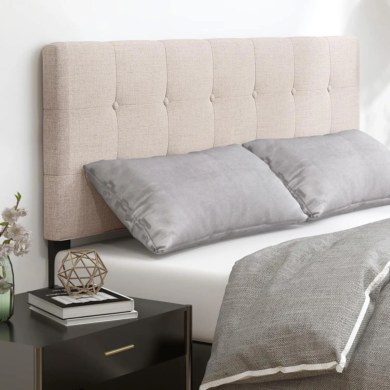 Linen Upholstered Headboard, Adjustable Width Button Tufted Headboard Only with Solid Wood Legs, Attach Frame, Modern Headboards