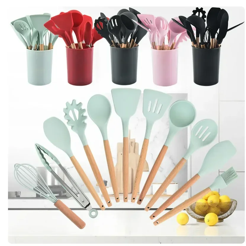 12-piece Set Wooden Handle Silicone Kitchen Utensils Silicone Kitchen Utensils Non-stick Pan Cooking Spatula Baking Storage Tool