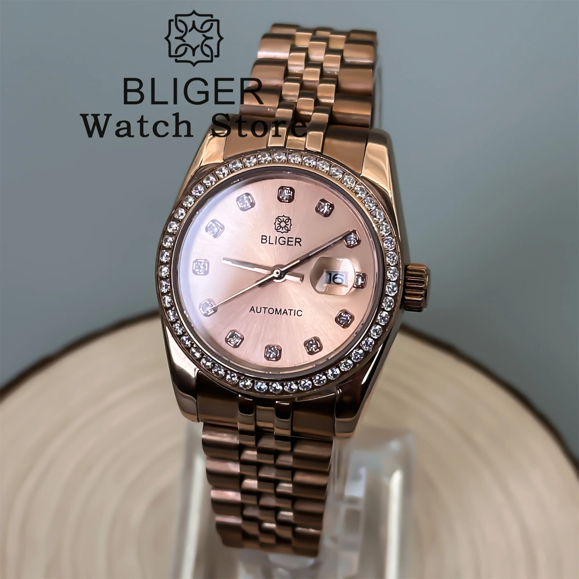 BLIGER 31 мм с бриллиантовым безелем и циферблатом Sunburst Diamond Mark NH05 Автоматические женские часы с сапфировым стеклом Роскошные наручные часы из розового золота