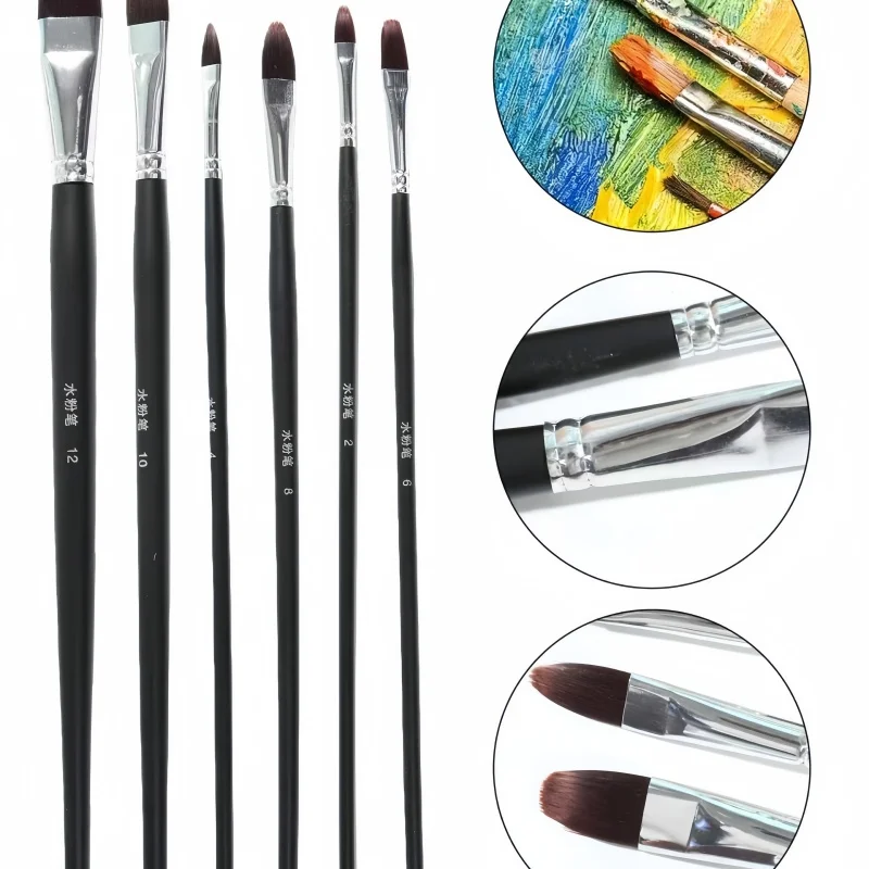 6 قطع مقبض خشبي طويل شعيرات نايلون ألوان مائية مجموعة فرشاة رسم الغواش للجدار الكتابة على الجدران لوحة فنية ذاتية الصنع
