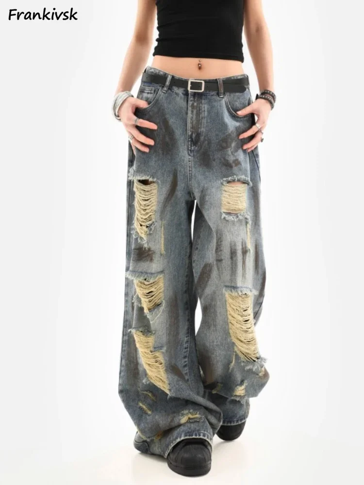 Wasteland Style Jeans for Women Retro Splashed Ink Ripped Summer New High Waist Slimming Wide Leg Mopping Trousers Streetwear