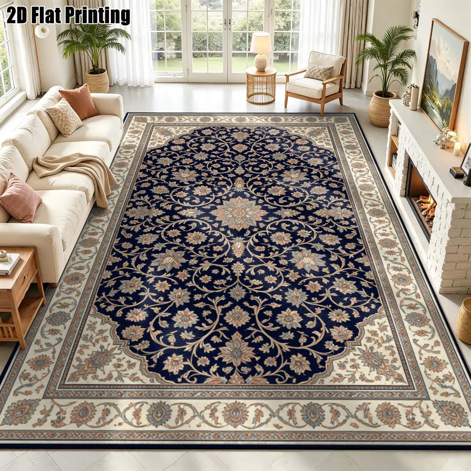 1Pc 2D Printed Dark Blue Floral Scroll Carpet: Vintage European/Bohemian Geometric Rug, Machine Washable, Multi-Size Home Decor for Living Room, Bedroom, Dining Room, Entryway, Study