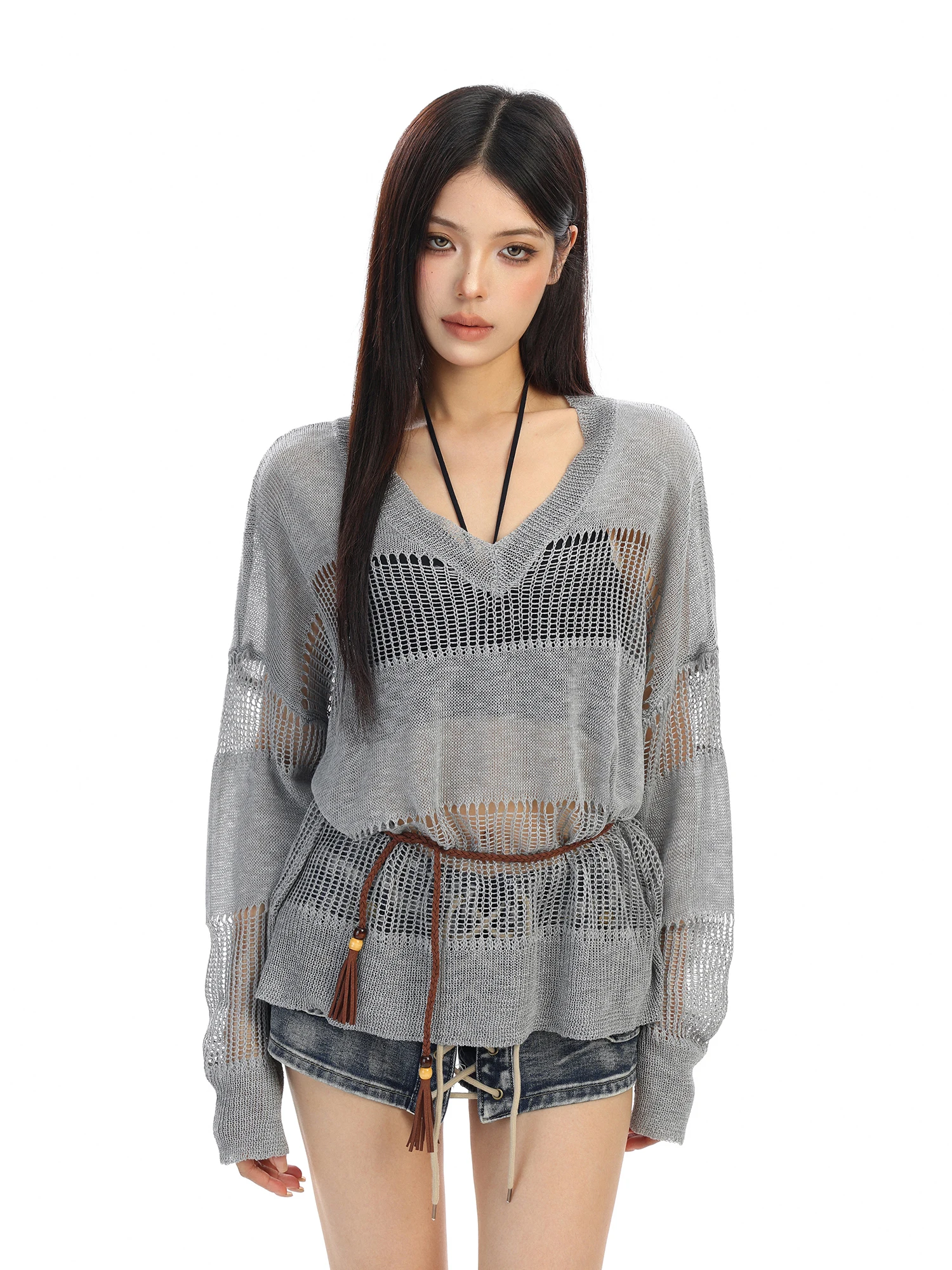 

Вязаный топ Biggold Spicy Girl с длинными рукавами, V-образным вырезом, вырезами на талии, утягивающий, с защитой от солнца, повседневный, свободного кроя