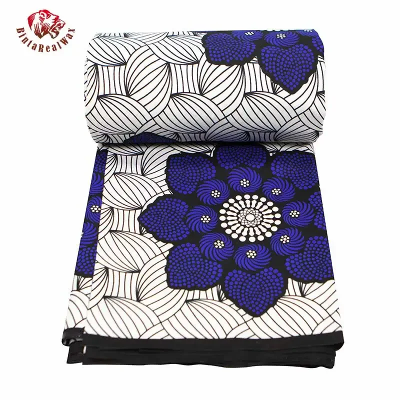 BintaRealWax Ankara Fabric Whtie background Africa Polyester Material Print Blue Flower African Fabrics for Dress FP6343 A-2