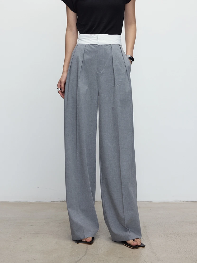 

Sue.M High Waist ey Contrast Color Straight Leg Suit Pants Women's Summer New Casual Drapey Long Trousers Commute Sle