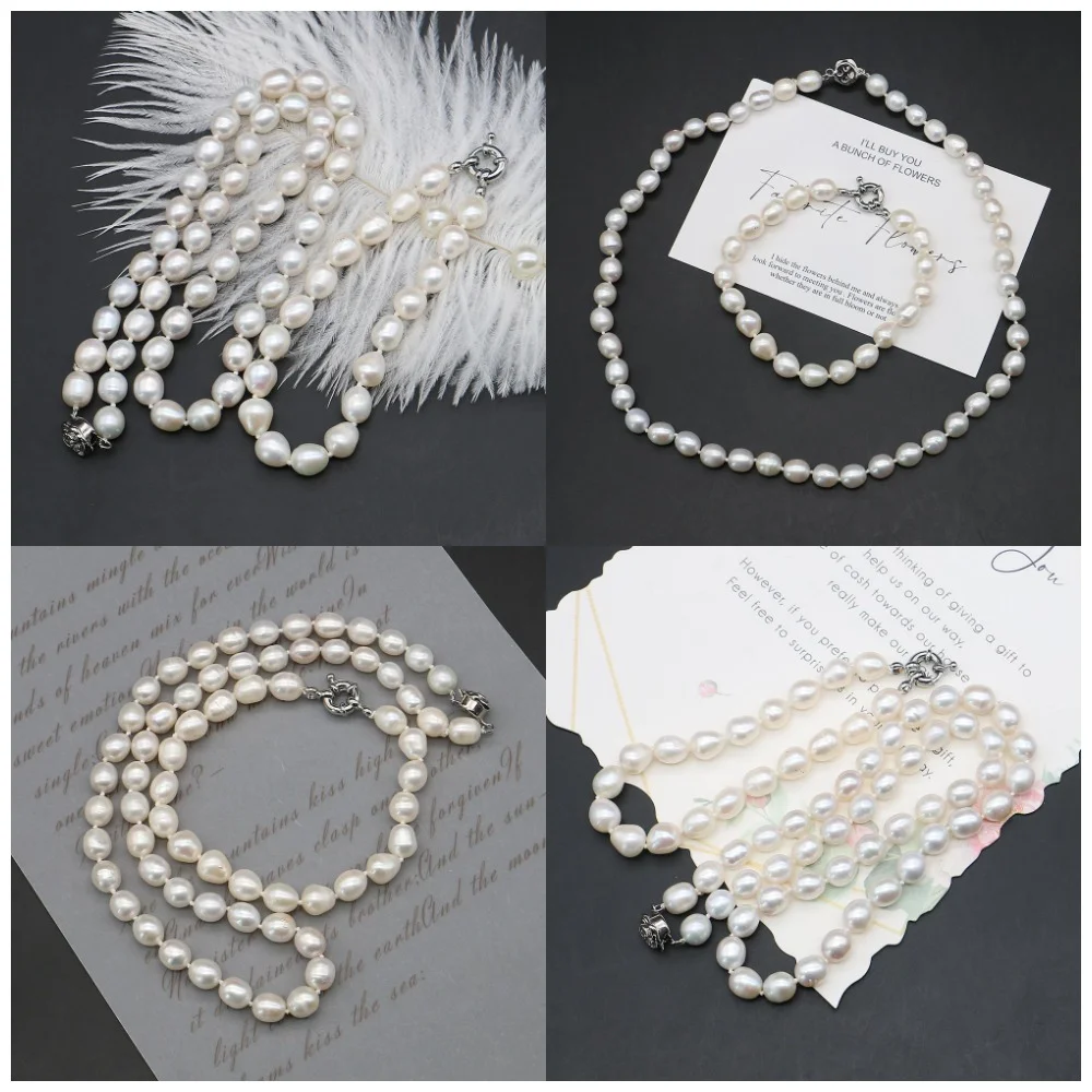 

Модный комплект с жемчугом, ожерелье и браслет из бисера из белого риса с медными застежками, подходящий как очаровательные подарки на разные случаи