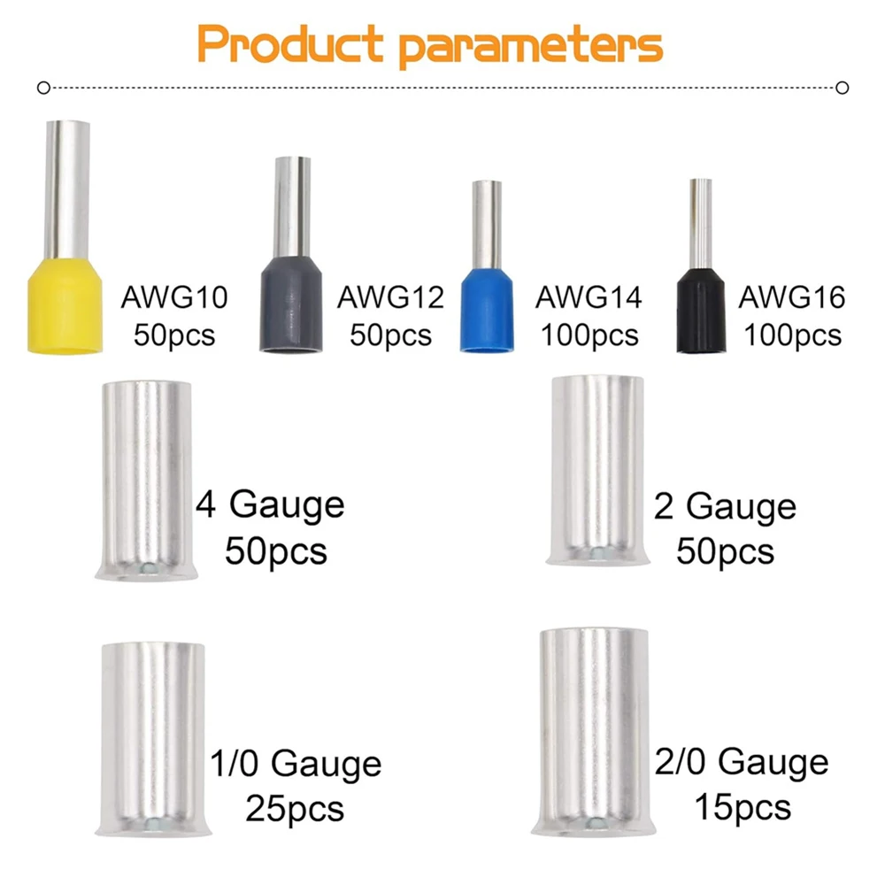 440pcs 2/0 1/0 2 4 10 12 14 16AWG Copper Wire Ferrules Assortment Kit Silver Plating Ferrule Crimp Terminal Connector Sleeves