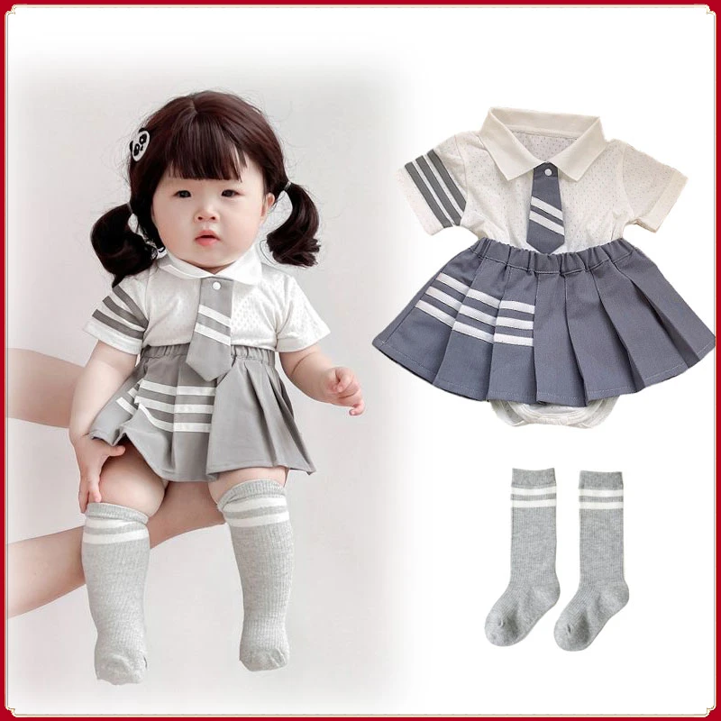 

0-18M Baby Girls Clothes Summer New Romper Bodysuits JK Uniforms Newborn College Style Pleated Skirt Newborn Photoshoot Clothing