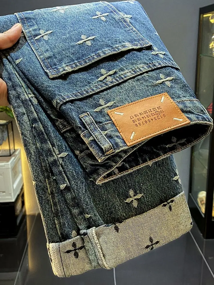 

Жаккардовые джинсы, мужские дизайнерские осенние и зимние новые прямые свободные широкие брюки в стиле ретро