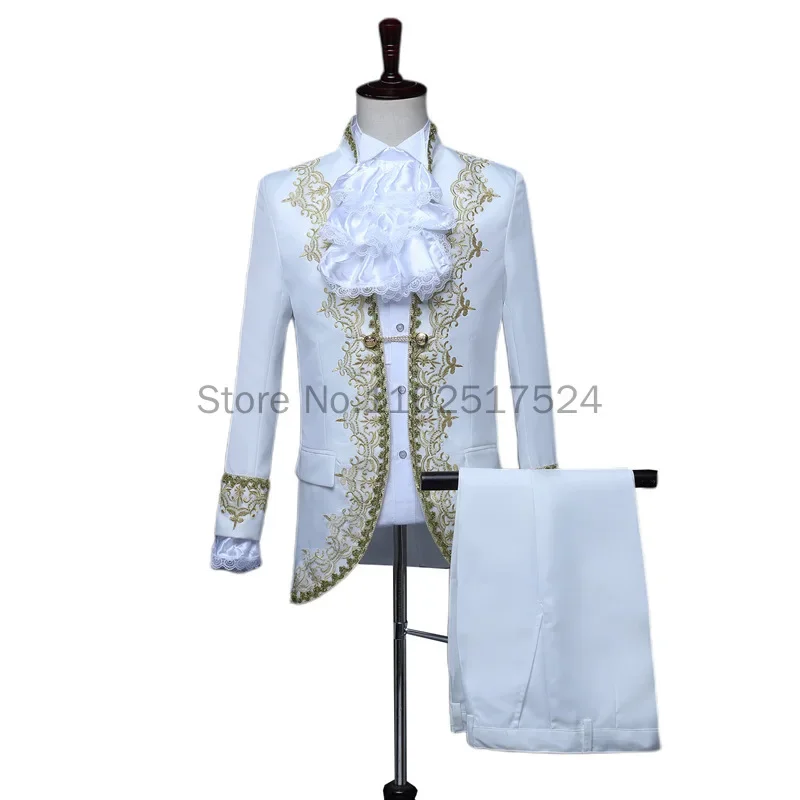 Adult Men 4PCS Set Victorian Steampunk Royal Prince Costume Vintage Baroque Jacket Coat Pants Tie Wedding Groom Blazer Suit