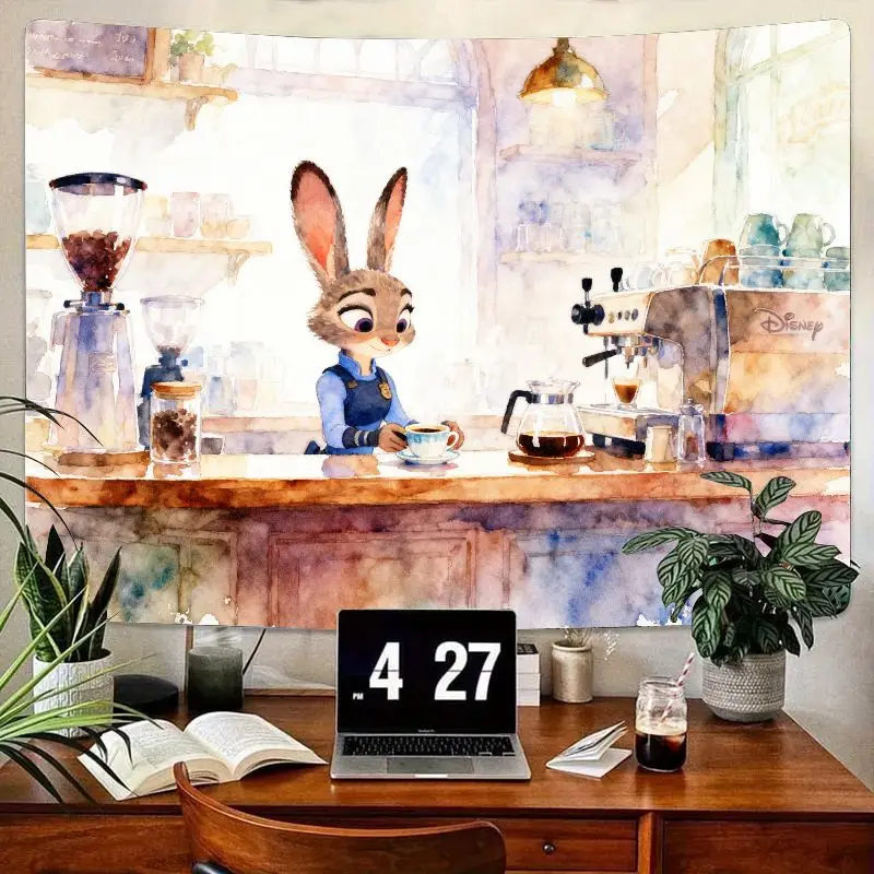 

1 шт., гобелен Disney Zootopia Judy Hopps Cafe, эстетическое акварельное настенное искусство, кавайный декор для кофейни для гостиной, спальни, C