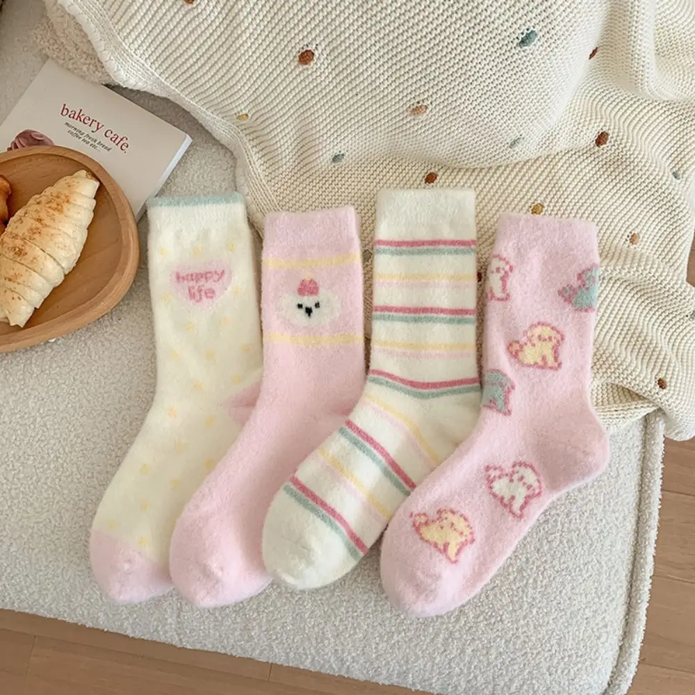 

Cute Soft Pink Puppy Woolen Socks Cartoon Thick Winter Warm Socks Thermal Anti-skid Middle Tube Socks for Woman Girls