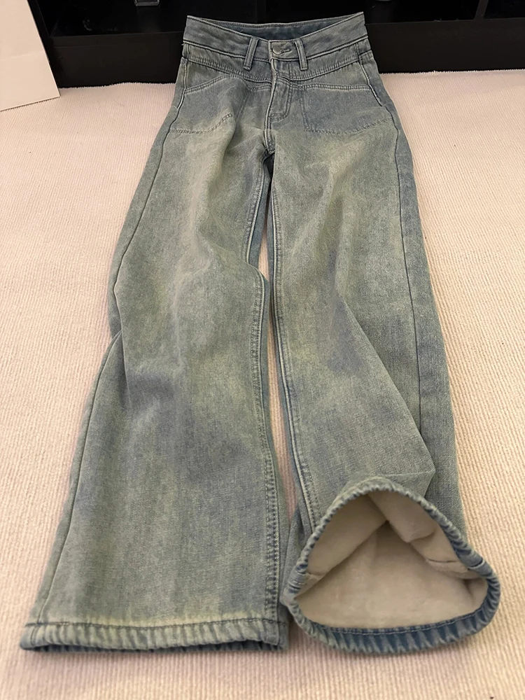 

Thickened Fleece American Design Straight Leg Denim Jeans Women Autumn Winter New Loose Slim Micro Flared Wide Leg Long Pants