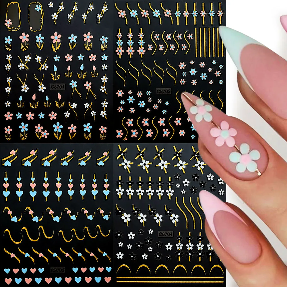 3D Bronzing Black White Flower Nail Art Stickers Golden Wave Lines Flower Nail Decal With Five-Petal Flowers Y2K Metal Sliders