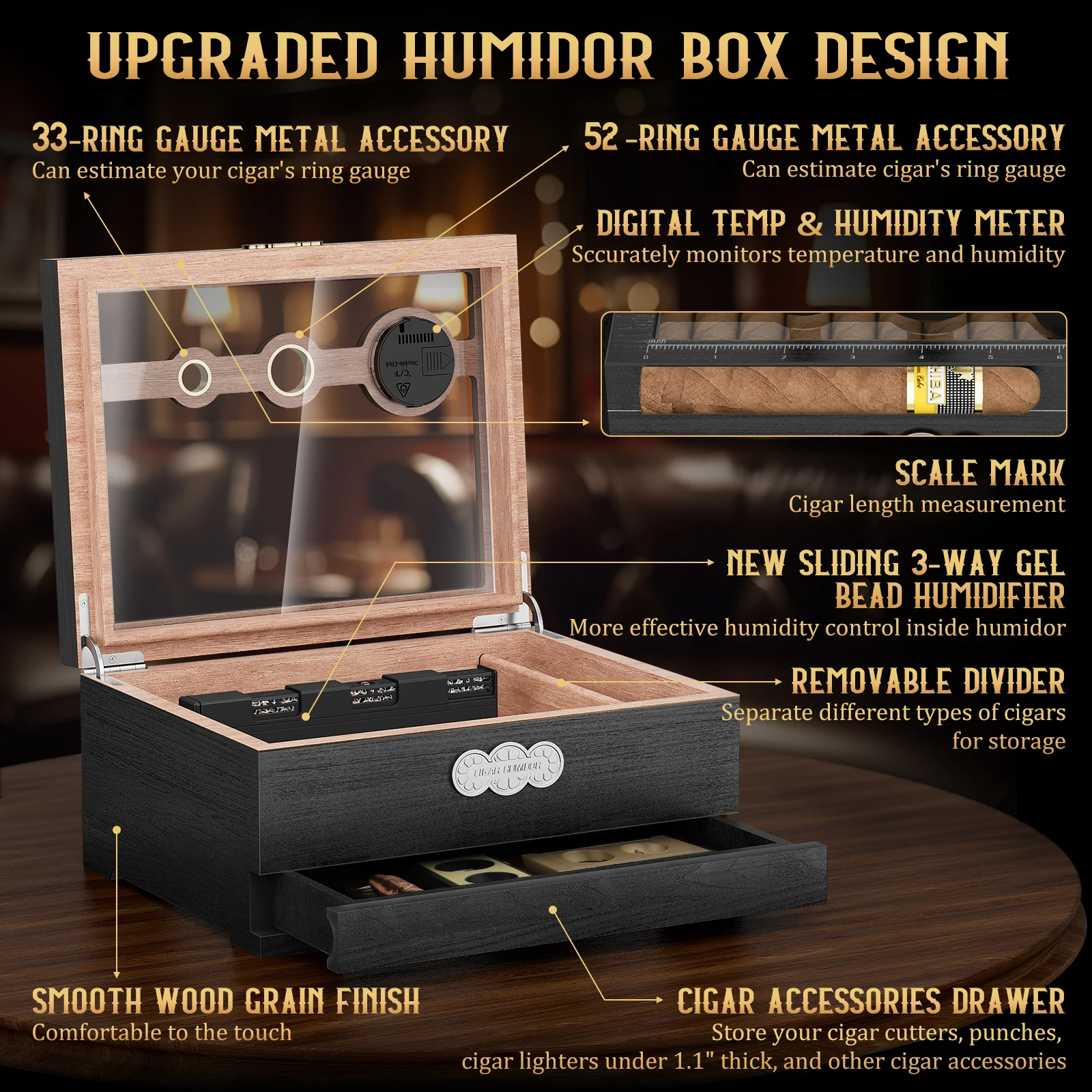 Zigarren-Humidor, Zigarrenetui aus Zedernholz mit digitalem Hygrometer-Luftbefeuchter, Messskala und Schublade, Desktop-Humidor-Geschenke mit Glasplatte