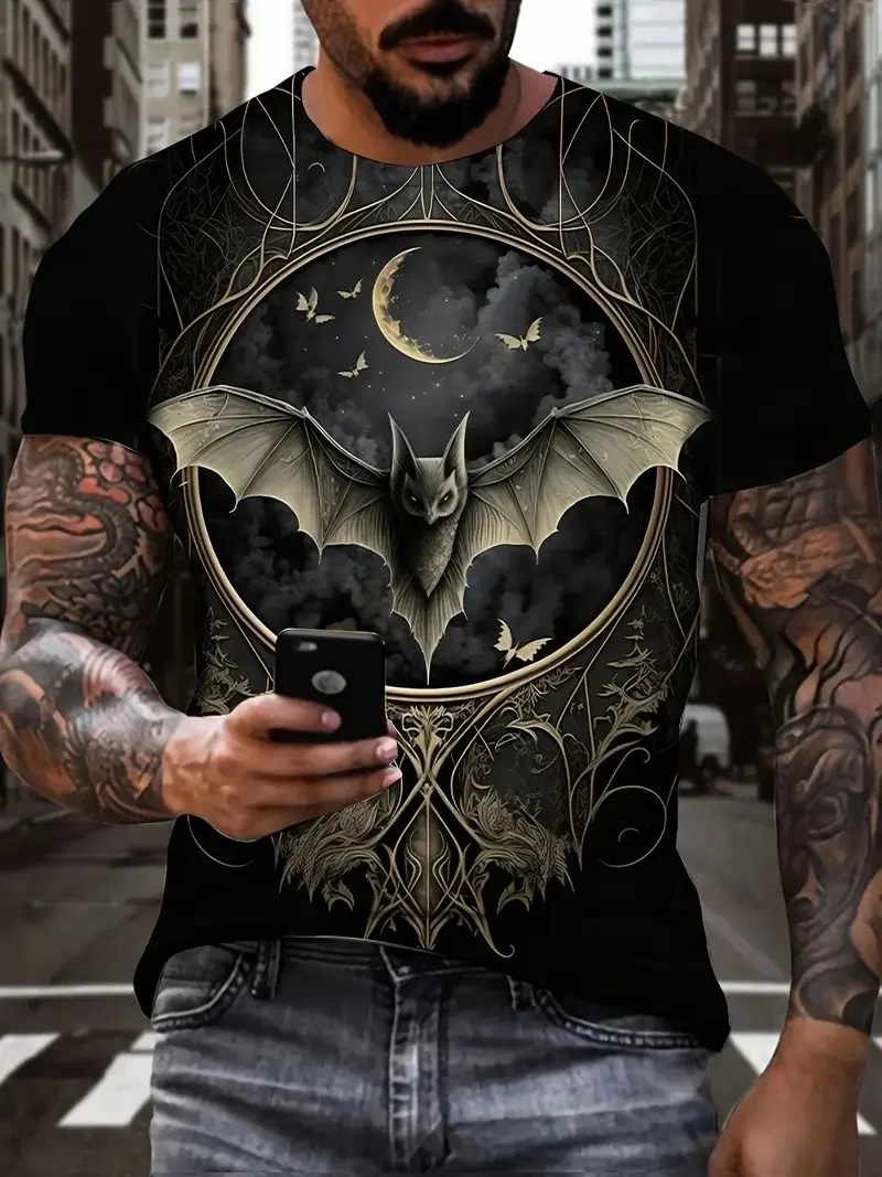 Men's T-shirts Halloween Bats Civets Trendy New Arrivals 3D Printing Crew Neck Tops Casual Simple Style Oversized Men's Clothing