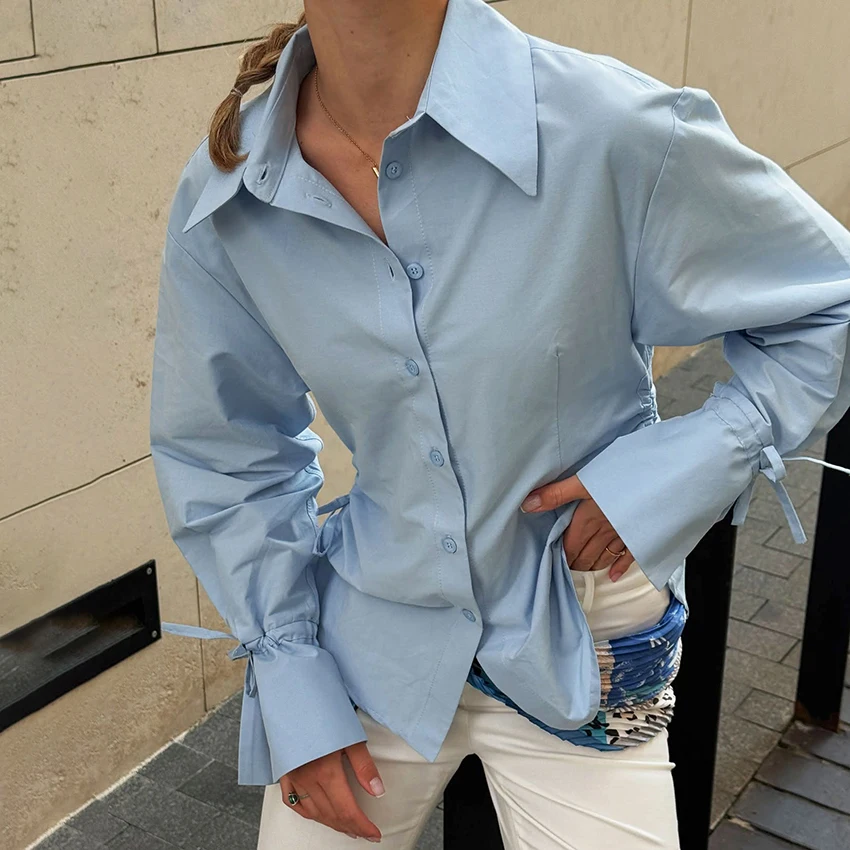 

Linad Street Chic Blue Woman Blouse Office Turn Down Collar Shirts Female Casual Button Up Top 2025 Autumn Long Sleeve Shirt