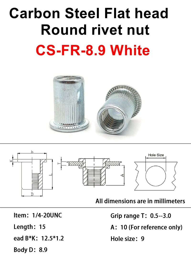 20pcs/pack 1/4-20UNC Inch Thread Rivet Nut Insert Stainless Steel and Carbon Steel Round and Hex Type