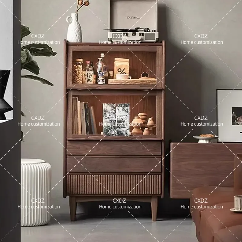 Retro solid wood chest integrated against the wall simple small apartment living room locker TV side cabinet walnut door