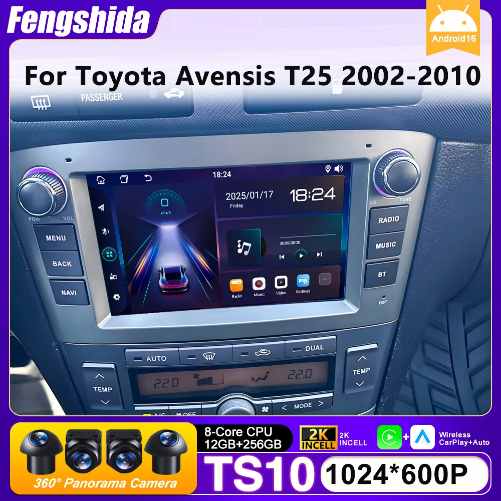 Android 16 Car Radio For Toyota Avensis T25 2002-2010 GPS Navigation Android Auto Carplay Stereo Display Wifi 4G Display No 2din