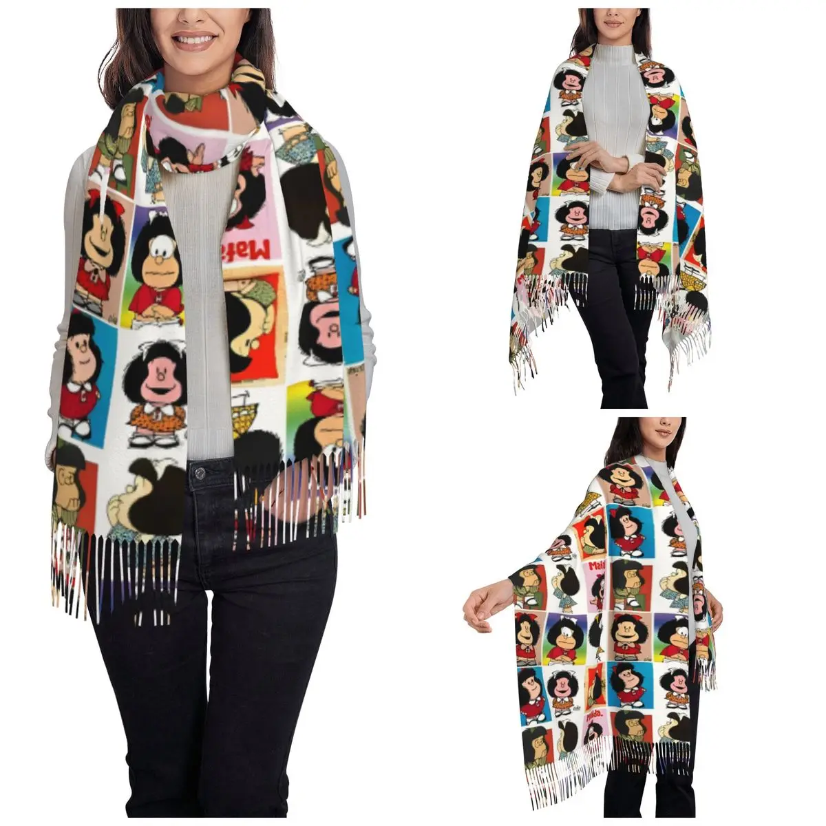 Syal Rumbai Wanita Mafaldaa Anime Kartun Syal Hangat Musim Dingin Besar dan Hadiah Syal Kasmir