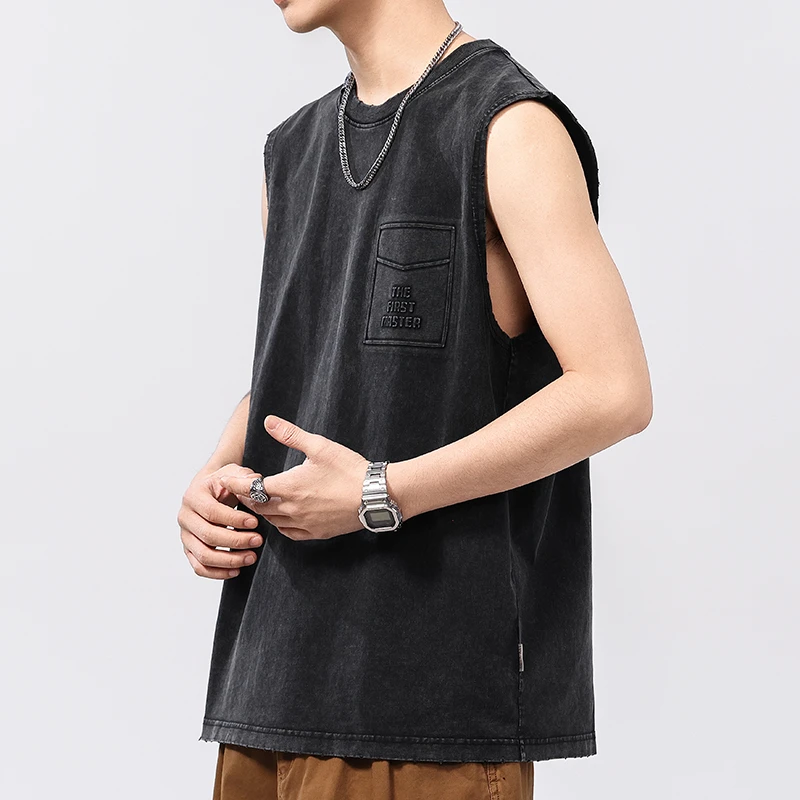 Men Summer Streetwear Vintage Washed Cotton Loose Casual Fashion Fitness Sleeveless T-shirt Cityboy Ripped Tank Tops Tees Shirts