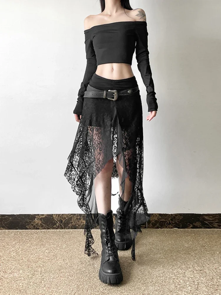 AltGoth Harajuku Gothic Mesh Skirt Women Streetwear Grunge Irregular Hem High Waist Skirt Emo Alternative Sexy See Through Skirt