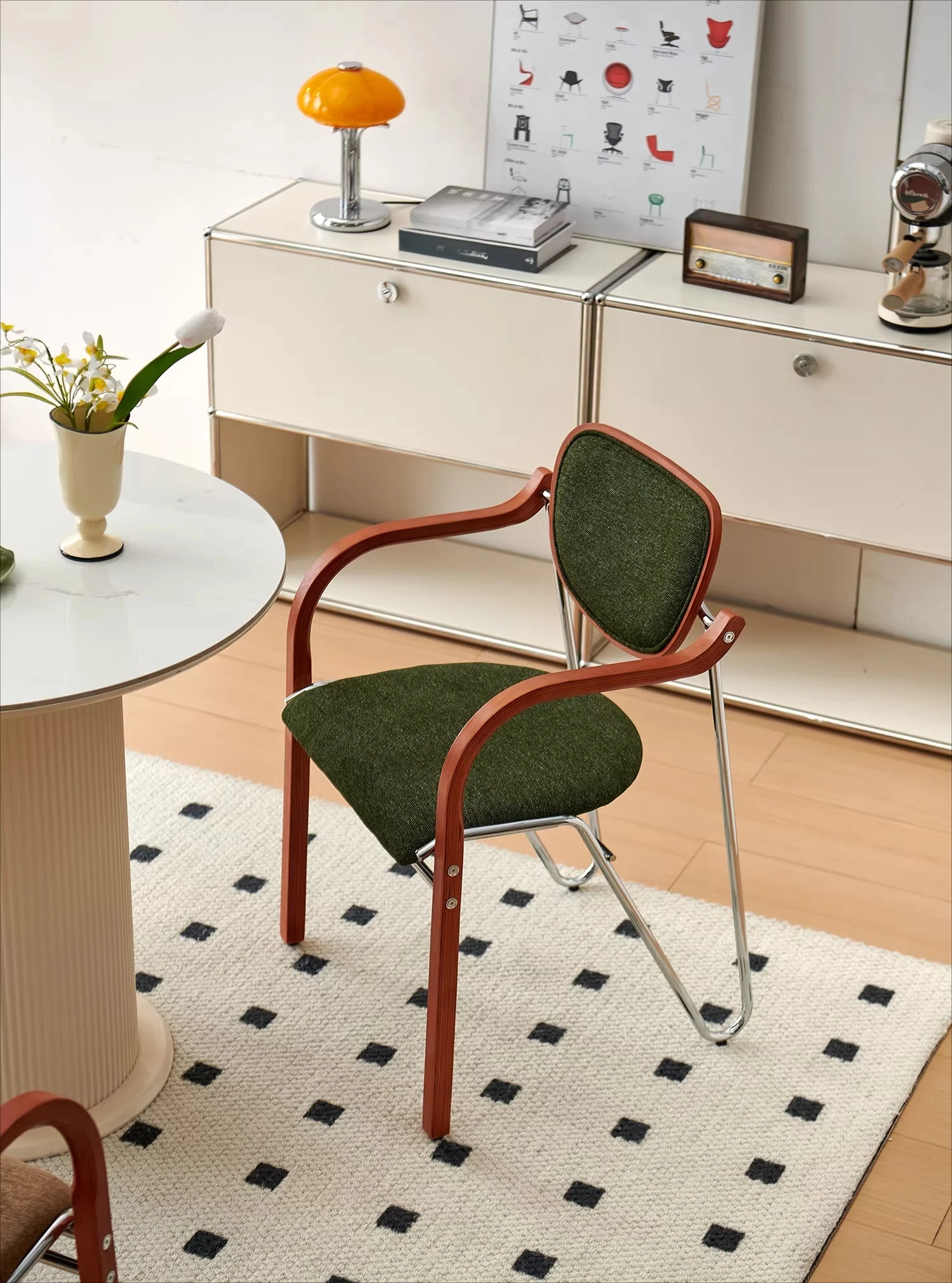 Sunset orange French retro dining chair, solid wood soft bag armchair office leisure back chair, home makeup chair