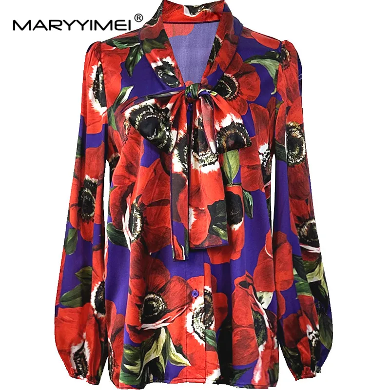 Imagem -03 - Maryyyimei-lenço de Seda Feminino Camisa de Manga Comprida Top Estampado Envoltório de Seda Meia Saia Lápis Quadril Gola Moda Conjunto de Peças