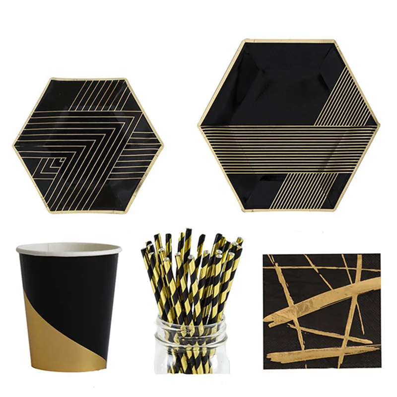 Black Series Gold Blocking Disposable Tableware Party Paper Plates Napkins Cups Straws Birthday Party Wedding New Year Decor