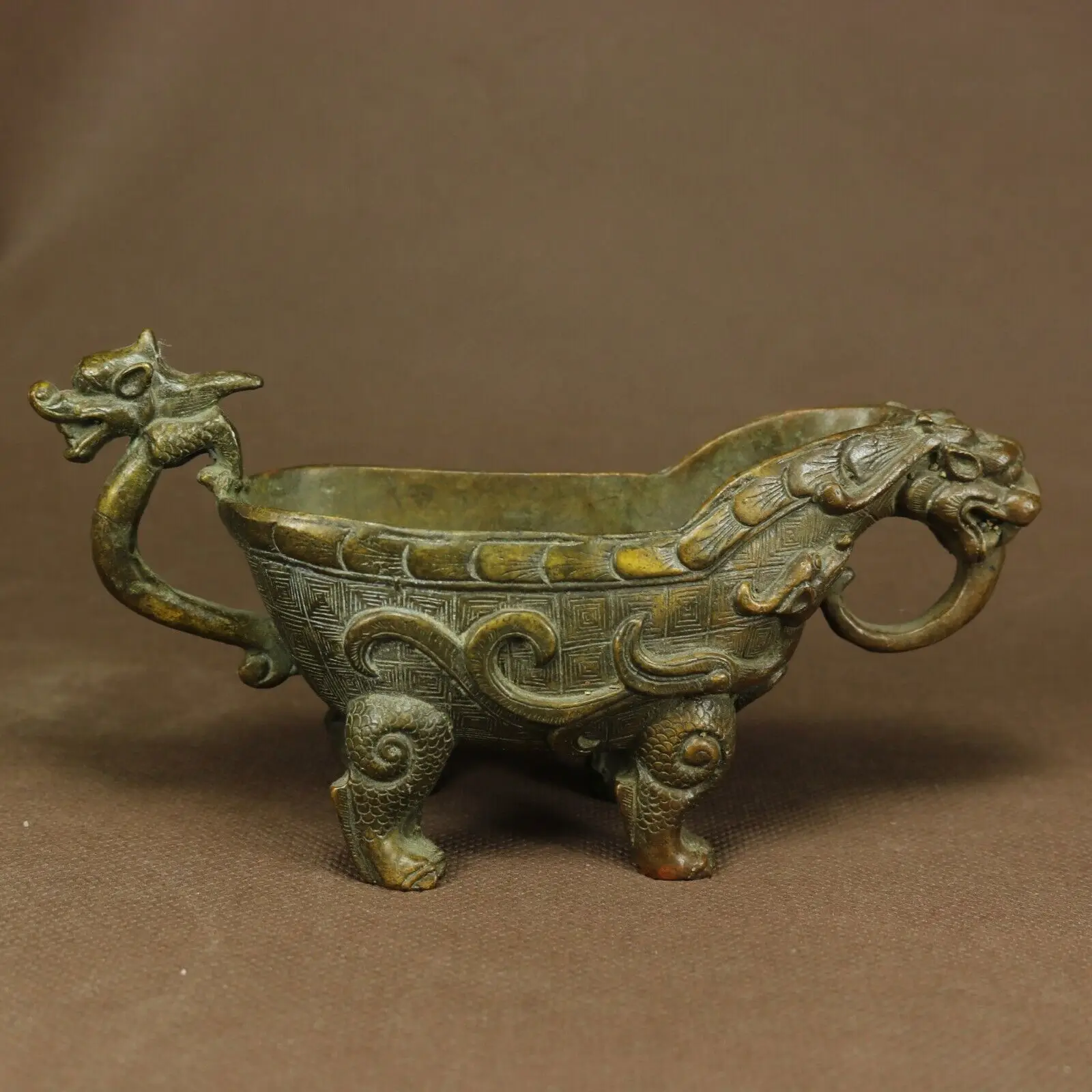 Antique Chinese Bronze Hand Made Engraved Dragon Wine Cups Tea Cups