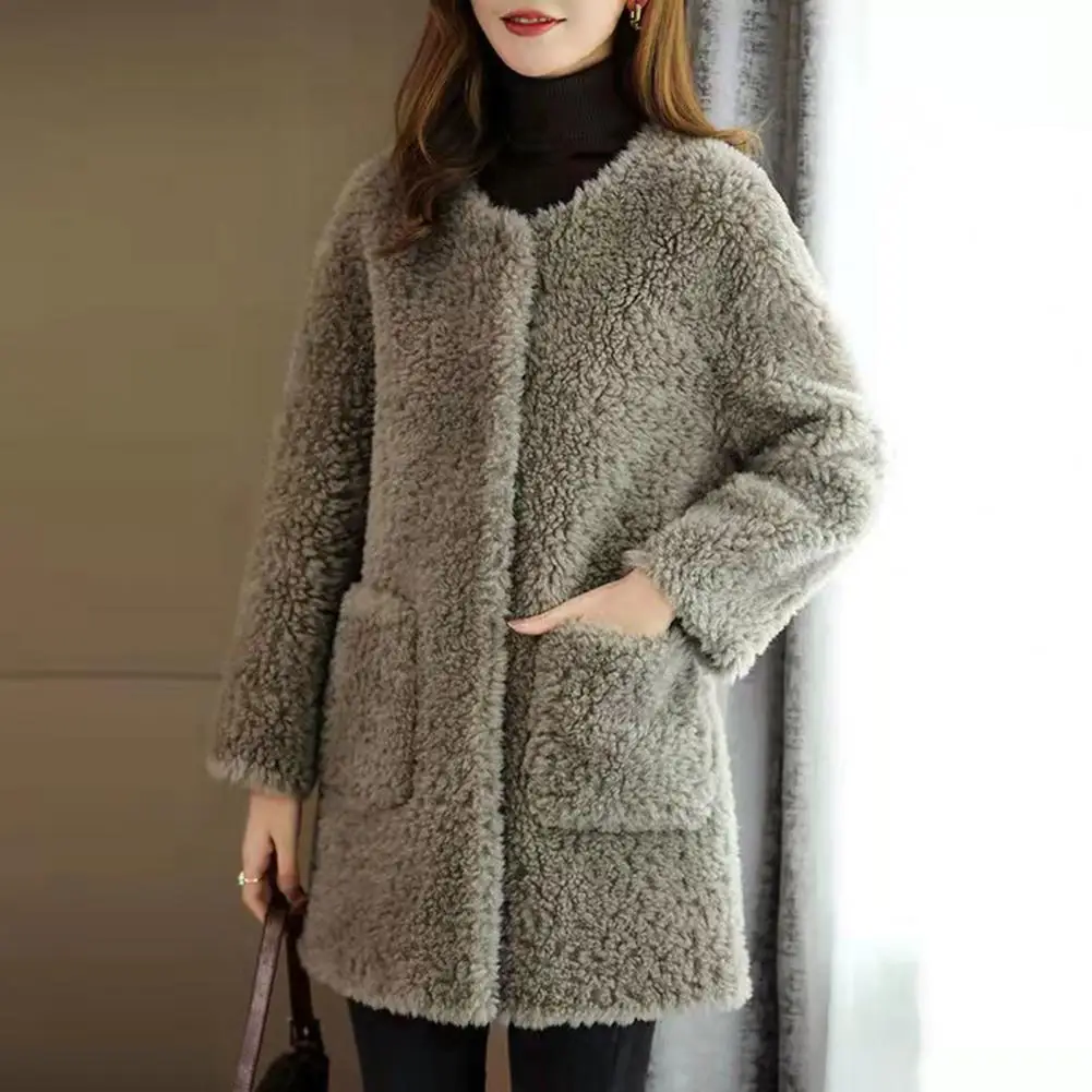 Women Jacket Women Coat Cozy Women's Winter Coat Double-sided Plush Thermal Cardigan with Windproof Design Long Sleeve Pockets