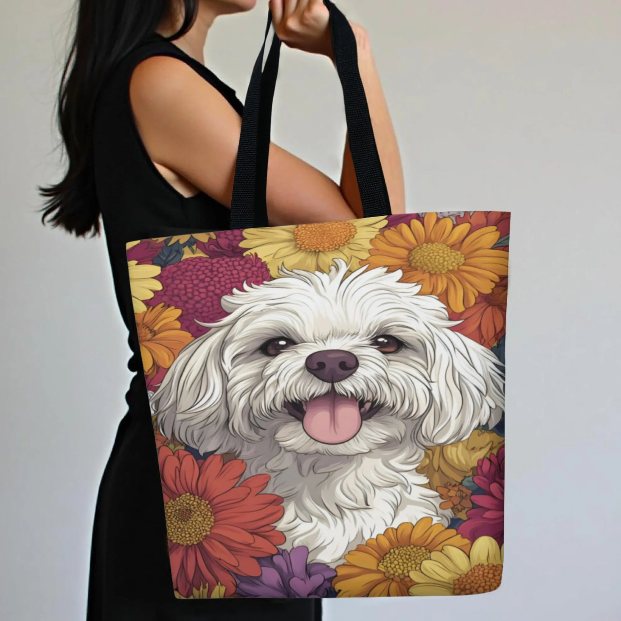 Simple Print Style White Teddy Dog Print Canvas Tote Large Capacity Shoulder Handbag Perfect for Shopping Grocery Everyday Use
