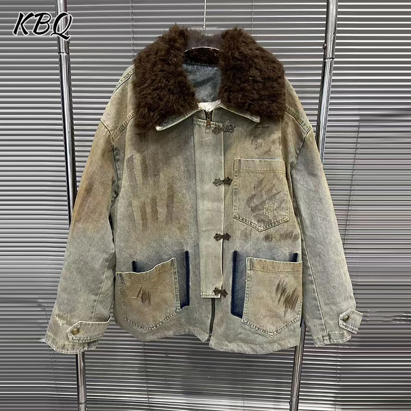 

KBQ Casual Spliced Fur Loose Chic Demin Coats for Women Lapel Long Sleeve Patchwork Pockets Jackets Female Winter Fashion New