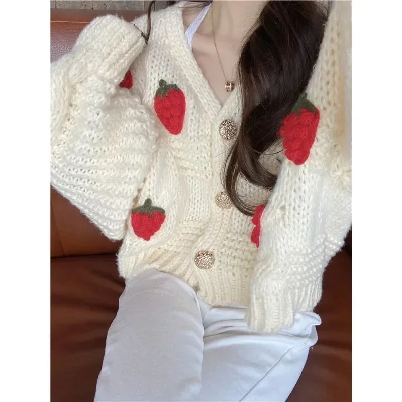 Y2k Women Harajuku Strawberry Loose Cardigan Sweater Autumn Fashion Long Sleeve Korean Female Preppy Style Baggy Sweater Tops